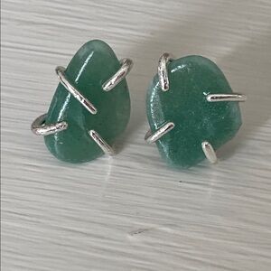 925 Sterling Silver Aventurine Nugget Stud  Earrings Boho Raw Crystal
